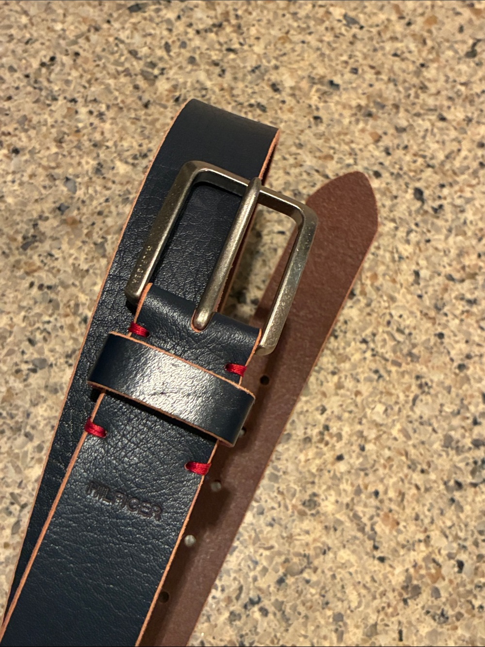 Men’s 38/93 Tommy Hilfiger Navy Leather Belt with Red Stitching
